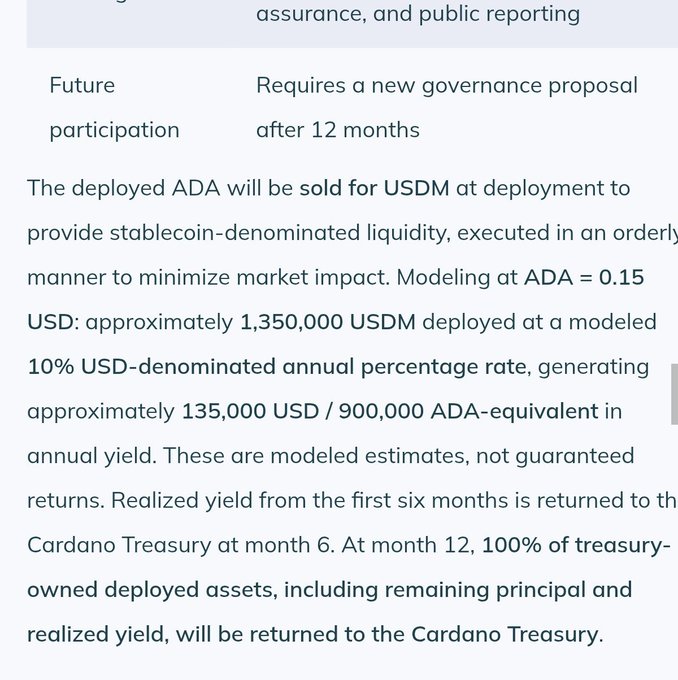 A text excerpt describing Cardano (ADA) treasury deployment: approximately 1,350,000 USDM deployed at ADA = 0.15 USD, generating ~135,000 USD/900,000 ADA annual yield at 10% APR, returned to the Treasury at months 6 and 12.