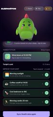 A Sleepagotchi character preview screen displays a green dragon-like creature with stats including "Vital stats at 10,156," "Morning sunlight" (+1,142), "Coffee cutoff at 14:12," "Cool bedroom to 18°C," and "Morning cardio 20 min," illustrating how the app gamifies healthy sleep habits through on-chain rewards.