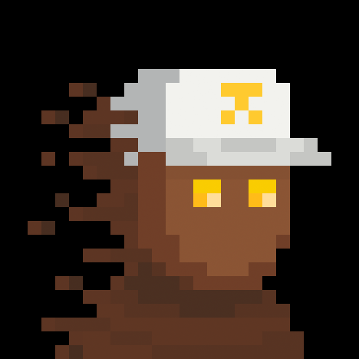 A pixel art profile picture featuring a brown, dissolving cube-like character with glowing yellow eyes wearing a white cap adorned with a golden Bitcoin symbol (₿).

The image visually reinforces the poster's message about adopting it as a new profile picture for @zksnarks_, with the Bitcoin "₿" symbol on the cap directly symbolizing the cypherpunk ethos and cryptocurrency focus they mention in the post.