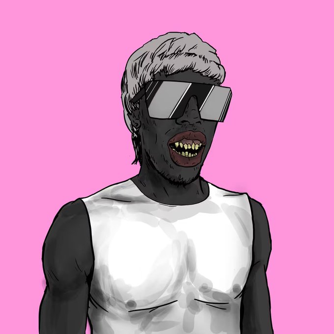 A stylized digital illustration of a dark-skinned figure wearing reflective sunglasses and a white tank top, with gold teeth visible against a pink background.