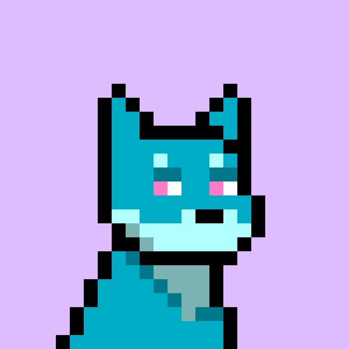 A pixel art illustration of a cute blue cat-like character with pink cheeks against a light purple background.
