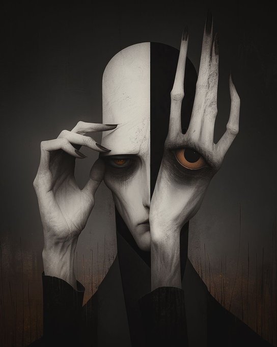A dark, surreal digital illustration of a pale, bald figure with one hand raised against its face, featuring a stark black split down the middle and two glowing orange eyes.