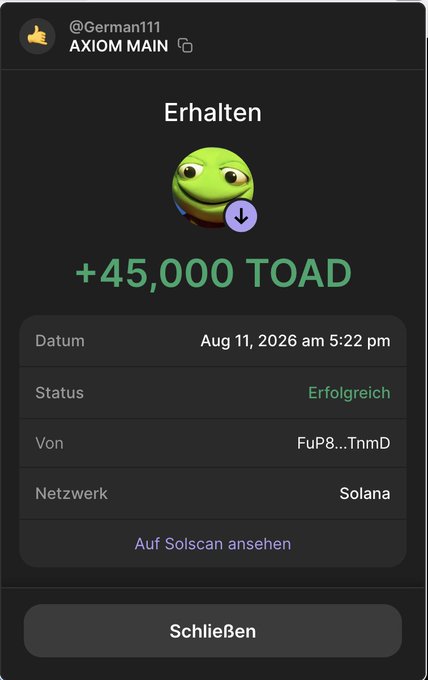 A confirmation screen showing a successful receipt of +45,000 $TOAD tokens on the Solana network at 5:22 pm on Aug 11, 2026, sent from FuP8...TnmD. The image directly supports the post's announcement of an active wallet airdrop, visually confirming that the user received the $TOAD distribution promised to active participants.