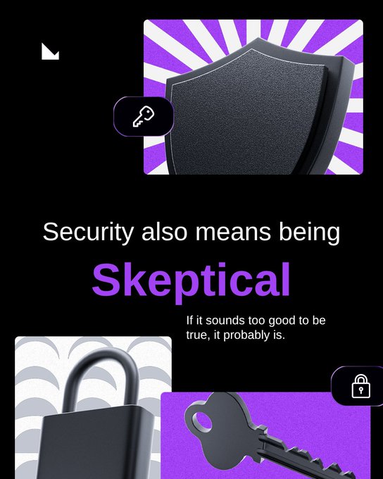 An infographic on security with the text 'Security also means being Skeptical. If it sounds too good to be true, it probably is.', featuring icons of a shield, key, and padlock.
