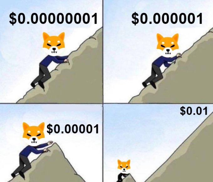A four-panel meme shows a Shiba Inu character climbing a mountain with progressive price targets ($0.0000001, $0.00001, $0.0001, and finally $0.01), illustrating the optimistic journey of $SHIB toward reaching one cent.