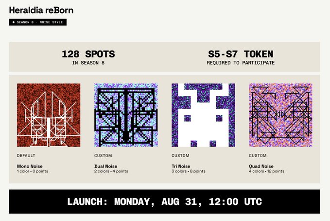 A promotional graphic for "Heraldia reBorn" Season 8 advertising 128 spots, $5-$7 token required to participate, showcasing Mono, Dual, Tri, and Quad Noise styles with a launch date of Monday, Aug 31, 12:00 UTC.