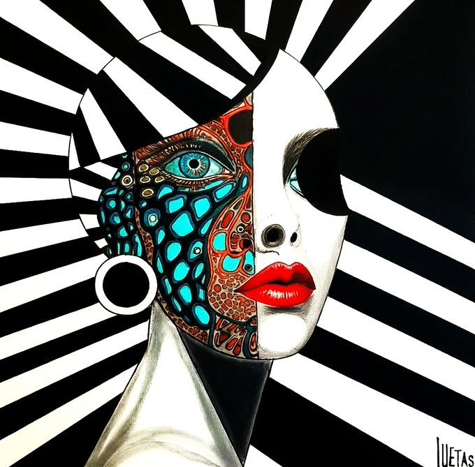 A stylized pop-art illustration by Luetas showing a split-face portrait with one side featuring patterned turquoise and orange designs and the other showing a minimalist white face, set against black and white radial stripes.