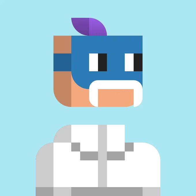 A minimalist pixel art illustration of a character with a blue face mask, purple hair, peach skin, and a white outfit against a light blue background.