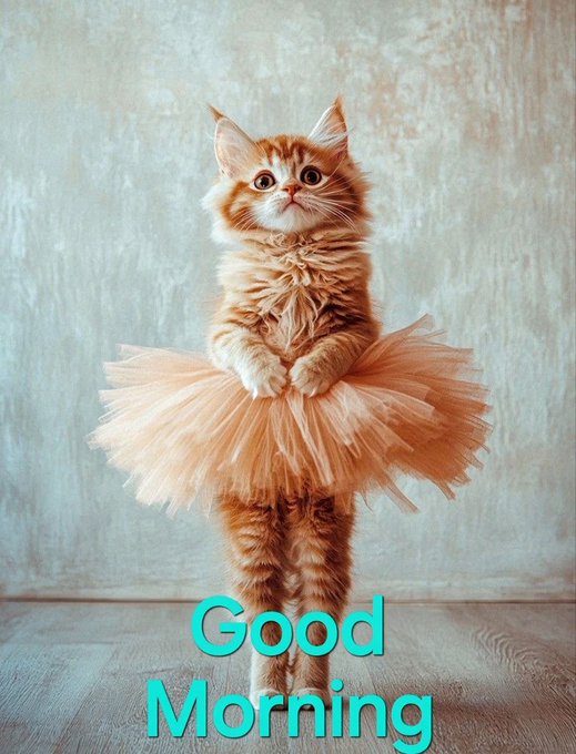 An adorable orange kitten standing upright on its hind legs wearing a peach-colored tutu, with the text 'Good Morning' displayed in bright cyan letters at the bottom.