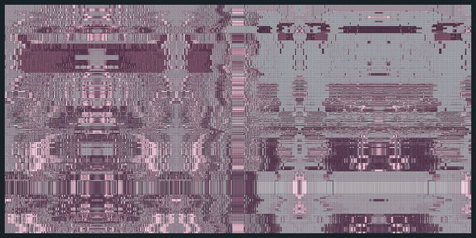 An abstract, glitch-like digital pattern in shades of pink, purple, and gray with symmetrical, pixelated blocks and horizontal lines.