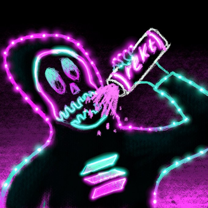 The image features a cartoon depiction of a person wearing a hoodie, with their face obscured by neon lights. The person appears to be drinking from a can of soda, which has a pink label that says "rekt". The background of the image is dark purple and illuminated by neon lights, creating an ethereal glow around the figure. The post also includes text that reads "Rekt x @Solana .", suggesting that this image was created for a social media platform like Instagram or Twitter.