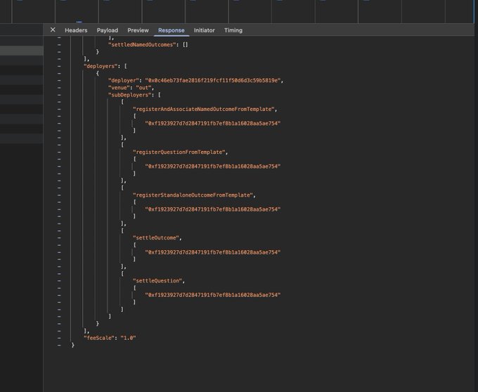 The image shows a JSON response from a developer API endpoint displaying a "deployers" array containing a contract address (0x8c46eb73fae2816f219fcf11758d63c39b5819e) with various sub-deployer functions like registerAndAssociateNamedOutcomeFromTemplate and settleOutcome, all referencing template address 0xf1923927d7d2847191fb7ef8b1a16028aa5ae754, alongside a feeScale of "1.0". The accompanying post celebrates deploying faster on mainnet than Hyperliquid deployed templates, with the JSON output showing their contract deployment configuration including deployed templates.