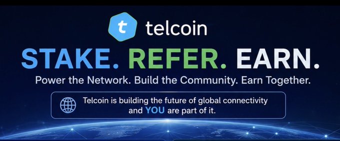 The image shows a banner for the @telcoin apps Stake & Refer program, which was launched in 2003. The banner features a globe with stars representing the global connectivity provided by the program. It emphasizes that users can earn rewards through the program, which has been successful in connecting people worldwide and building a strong community of users who share common interests.