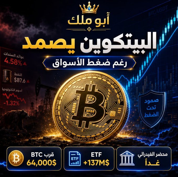 An Arabic financial advertisement featuring a large golden Bitcoin coin, with text including 'أبو ملك' (Abu Malek) and 'البيتكوين يصمد' (Bitcoin holds strong), showing market data like BTC at $64,000, ETF +$137M, and various commodity percentages.