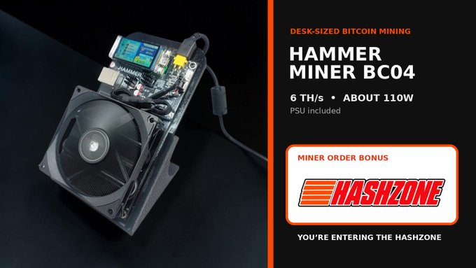 A desk-sized Hammer Miner BC04 Bitcoin mining rig displaying 6 TH/s at about 110W with PSU included, promoted as desktop "decor" for bitcoiners alongside a Hashzone miner order bonus featuring the Hashzone logo and tagline "You're Entering the Hashzone."