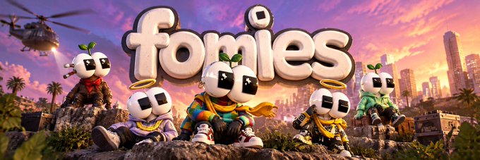 Promotional artwork for 'fomies' featuring cartoon robot characters with block-shaped heads sitting on a rock with a city and helicopter in the background.