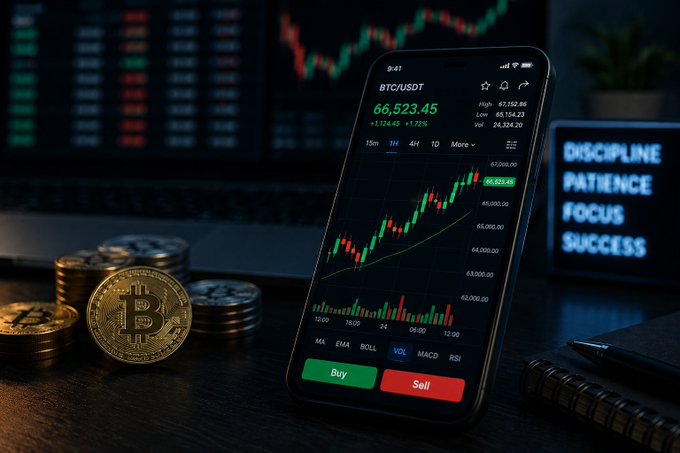 A smartphone displaying a BTC/USDT candlestick chart at $66,523.45 with a green "Buy" and red "Sell" button, surrounded by physical Bitcoin tokens, a trading monitor, and a digital sign reading "DISCIPLINE PATIENCE FOCUS SUCCESS."