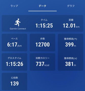 A Japanese fitness tracking app screen showing workout data including time 1:15:25, distance 12.01km, pace 6:17/km, 12700 steps, 399m elevation gain, 737 kcal calories burned, and 139 heart rate.