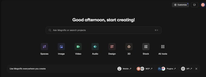 The Magnific AI interface dashboard with the greeting "Good afternoon, start creating!" and category icons for Spaces, Image, Video, Audio, Design, 3D, Stock, and All tools.