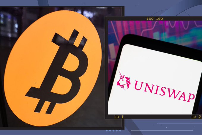 A split image showing the orange Bitcoin logo on the left and the Uniswap logo on a screen on the right, representing two major cryptocurrency entities.
