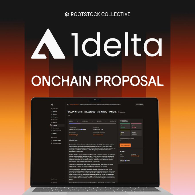 A promotional graphic titled '1delta ONCHAIN PROPOSAL' from Rootstock Collective, featuring a laptop displaying a voting interface for '1DELTA INTENTS - MILESTONE 1 (TFL INITIAL TRANCHE)' with details like a 120,000 RIF transfer and 30-day voting period.
