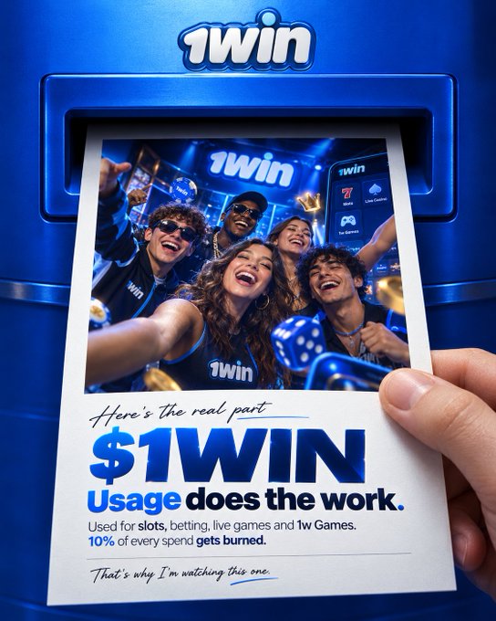 An advertisement for '1win' gambling services showing a hand holding a polaroid of a cheering group of friends, featuring the slogan '$1WIN Usage does the work' and text explaining that '10% of every spend gets burned'.