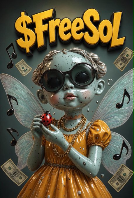 A stylized illustration of a doll-like fairy girl with large dark sunglasses, wings, and an orange dress holding a ladybug, with "$FreeSol" in large yellow 3D text above and floating musical notes and dollar bills in the background.
