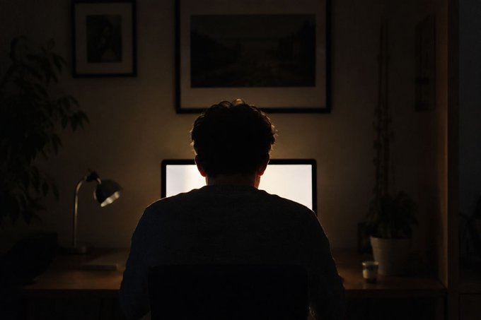 The image shows a man sitting at a desk with his back facing the camera. He appears to be focused on using a computer monitor or laptop, possibly working late into the night. The room has a dark ambiance, which adds to the atmosphere of the scene. The photo is taken from behind him, giving us a clear view of his posture and surroundings.