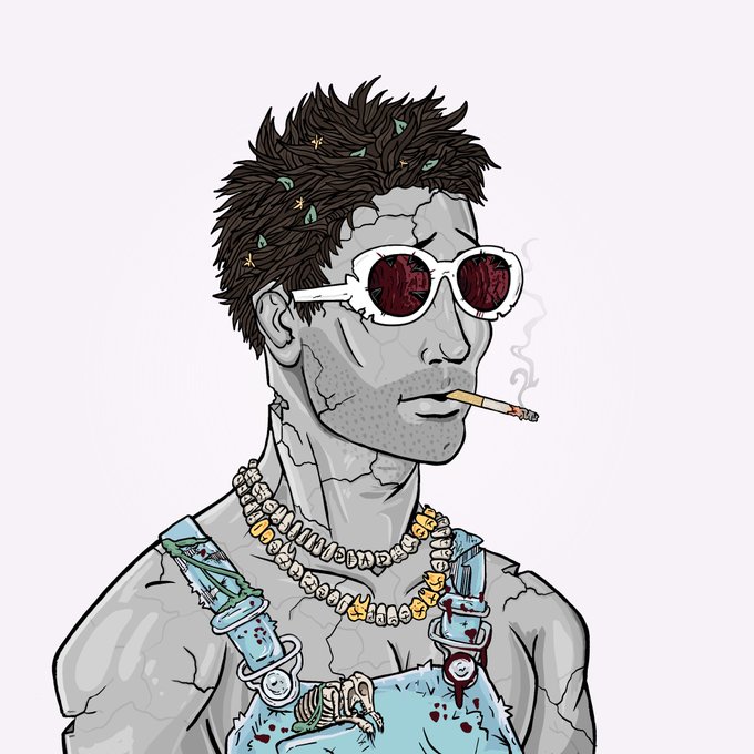 An illustrated portrait of a stone-textured character with messy hair containing leaves, wearing white-framed sunglasses, smoking a cigarette, and sporting a beaded necklace and overalls with glass bottles attached.