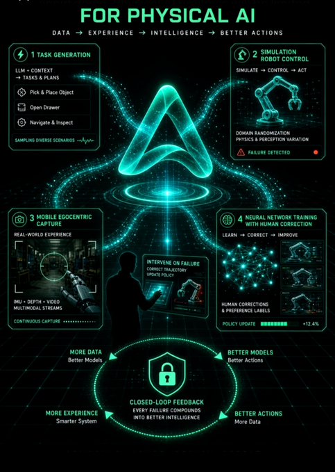 An infographic titled 'FOR PHYSICAL AI' details a workflow from 'DATA → EXPERIENCE → INTELLIGENCE → BETTER ACTIONS', highlighting 'TASK GENERATION', 'SIMULATION & ROBOT CONTROL', 'MOBILE EGOCENTRIC CAPTURE', and 'NEURAL NETWORK TRAINING WITH HUMAN CORRECTION' in a closed-loop feedback cycle.