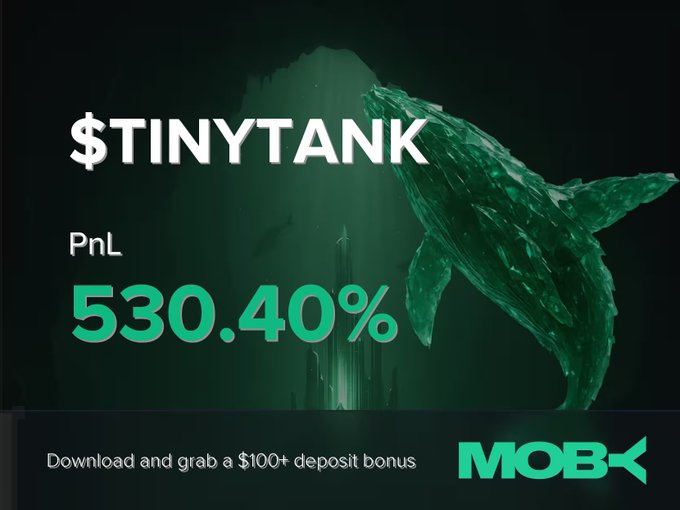 A promotional Moby Mobile graphic celebrating a trader's +530.40% PnL win on the $TINYTANK token, featuring an underwater scene with a whale and featured copy reading "Download and grab a $100+ deposit bonus" alongside the Moby logo.