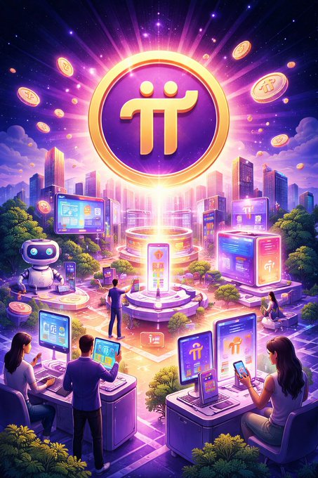The image depicts a vibrant, futuristic digital landscape featuring a large glowing Pi Network logo at the center, surrounded by floating coins, a chatbot character, and people interacting with devices displaying the "π" symbol. The scene suggests a thriving Pi ecosystem with engaged users, contrasting with the post's skeptical question about whether $PI will reclaim its $3 all-time high before the end of 2026.