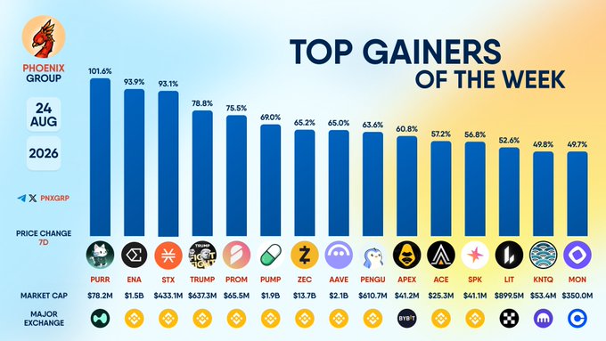Infographic from Phoenix Group titled 'Top Gainers of the Week' dated 24 Aug 2026, showing cryptocurrency price changes led by PURR at 101.6%, followed by ENA at 93.9% and STX at 93.1%, with market caps and exchange listings displayed.