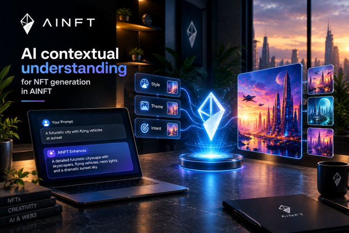 Promotional graphic for AINFT highlighting 'AI contextual understanding for NFT generation in AINFT,' showing a laptop interface with prompts for a futuristic city scene alongside generated NFT art examples.