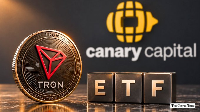 A physical TRON coin and metallic blocks spelling "ETF" sit beside the "canary capital" logo and text, visually illustrating the announcement that Canary Capital's Staked TRX ETF is set to trade on Cboe under the $TRXS ticker, bridging traditional finance with the TRON blockchain.