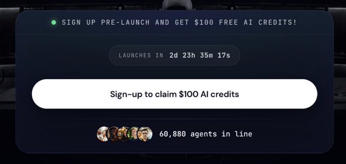 A pre-launch signup page for Senpi AI offers $100 free AI credits, featuring a countdown timer showing "LAUNCHES IN 2d 23h 35m 17s" and noting "60,880 agents in line," which aligns with the post's call to join the Senpi Waitlist before it closes to claim free AI credits and Hyperliquid Agent access.