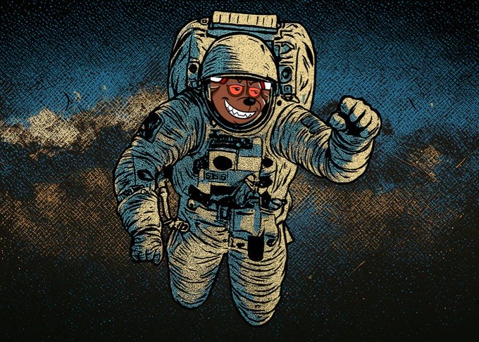 An illustrated astronaut floating in space wearing a backpack, whose helmet visor displays the grinning Pepe the Frog meme face.