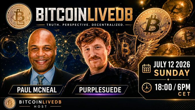 A promotional graphic for a Bitcoin Live DB stream featuring hosts Paul McNeal and Purplesuede, scheduled for July 12, 2026 at 18:00/6PM CET.