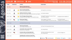 A website interface displaying a 'STAGE 1 AGENDA' schedule with speaker times and topics, featuring an orange header showing '$5.00, 2025'.