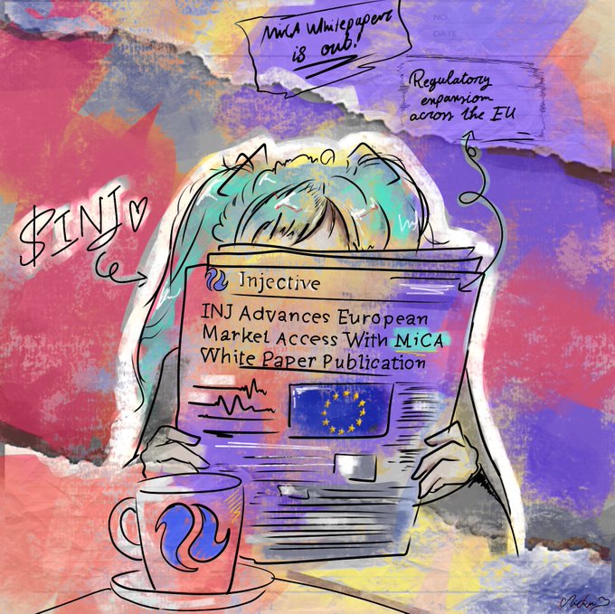 A stylized illustration shows a figure holding up a newspaper with the headline "INJ Advances European Market Access With MiCA White Paper Publication" by Injective, accompanied by an EU flag graphic, while a coffee mug bearing the Injective logo sits in the foreground. Surrounding the scene are handwritten annotations including "INJ whitepaper is out!" and "Regulatory expansion across the EU," visually emphasizing the post's announcement about Injective's MiCA whitepaper release and its significance for expanding INJ's regulatory presence in the European market.