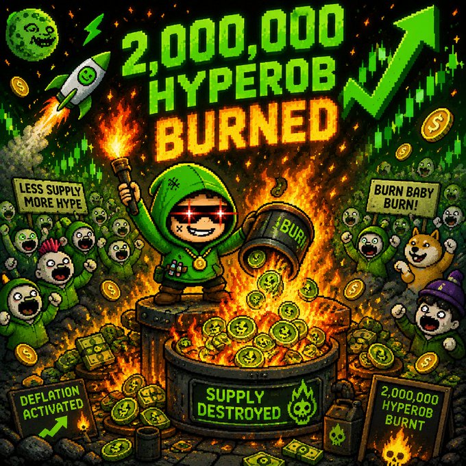 A vibrant, meme-style crypto graphic declaring '2,000,000 HYPER0B BURNED' featuring a hooded character pouring coins into a flaming 'SUPPLY DESTROYED' cauldron, surrounded by a cheering crowd and signs reading 'LESS SUPPLY MORE HYPE' and 'BURN BABY BURN!'.