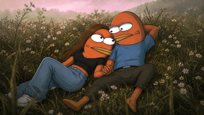 The image features two cartoon characters - a woman and a man - sitting together in a field of flowers. The woman has long hair and is wearing blue jeans, while the man has short hair and is dressed in a blue shirt. They are both smiling at each other, creating an atmosphere of friendship or companionship between them.