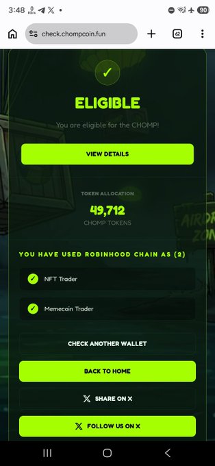 A mobile screenshot from check.chompcoin.fun displays an "ELIGIBLE" confirmation with a 49,712 CHOMP token allocation, showing the user qualified as an NFT Trader and Memecoin Trader on Robinhood Chain. The green-themed interface features action buttons for viewing details, checking another wallet, and social media links.