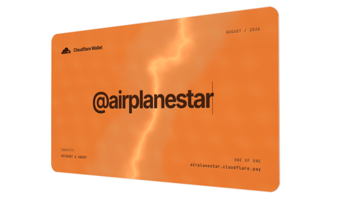 An orange Cloudflare Wallet card display showing the handle "@airplanestar" with a date of "AUGUST / 2024" and the URL "airplanestar.cloudflare.pay," labeled "ONE OF ONE."