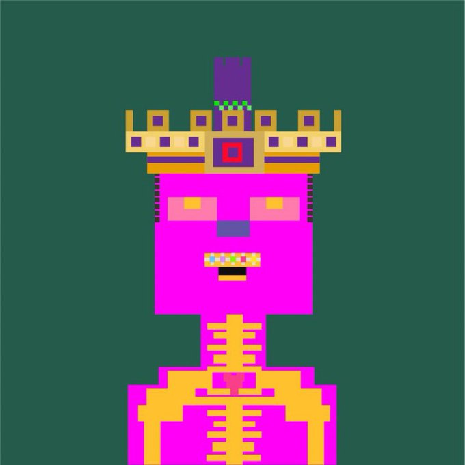 A pixel art image shows a magenta-colored figure wearing a yellow crown and displaying a rib-like skeletal pattern on its chest, set against a teal background.