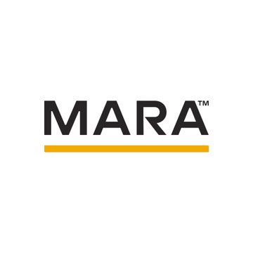 The image shows the MARA logo, featuring the company name in bold black letters with a small "TM" trademark symbol and a yellow underline beneath it. This logo represents MARA Holdings, the Bitcoin mining and digital asset company that, according to the post, agreed to acquire a 1,200-acre powered site in Texas to support 2 GW of grid capacity for Bitcoin mining and AI compute operations.