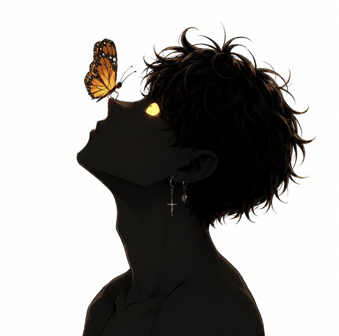 A stylized silhouette illustration of a young person with messy dark hair looking up at a monarch butterfly perched on their nose, with a single glowing yellow eye visible.