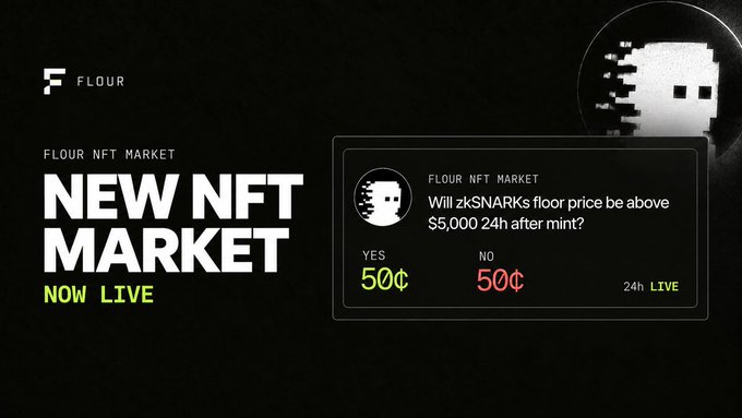 A promotional graphic for Flour's new NFT Market features a black background with bold white text announcing "NEW NFT MARKET NOW LIVE," alongside a stylized pixelated logo. On the right, a betting card displays the question "Will zkSNARKs floor price be above $5,000 24h after mint?" with both YES and NO options priced at 50¢ each.
