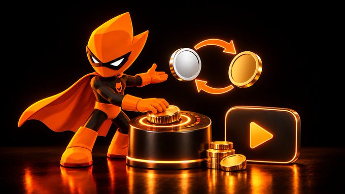 A 3D-rendered superhero character in an orange and black costume with a cape, interacting with gold coins and a YouTube play button on a dark background.