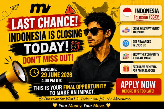 The image is a promotional graphic with a yellow background featuring a stylized illustration of a man wearing sunglasses, announcing that the @moovexyz Indonesia Regional Ambassador application closes today, with a deadline of 29 June 2026 at 4:00 PM UTC, highlighting benefits like USDC rewards, driving Web3 payments adoption, community growth, and exclusive ambassador benefits.